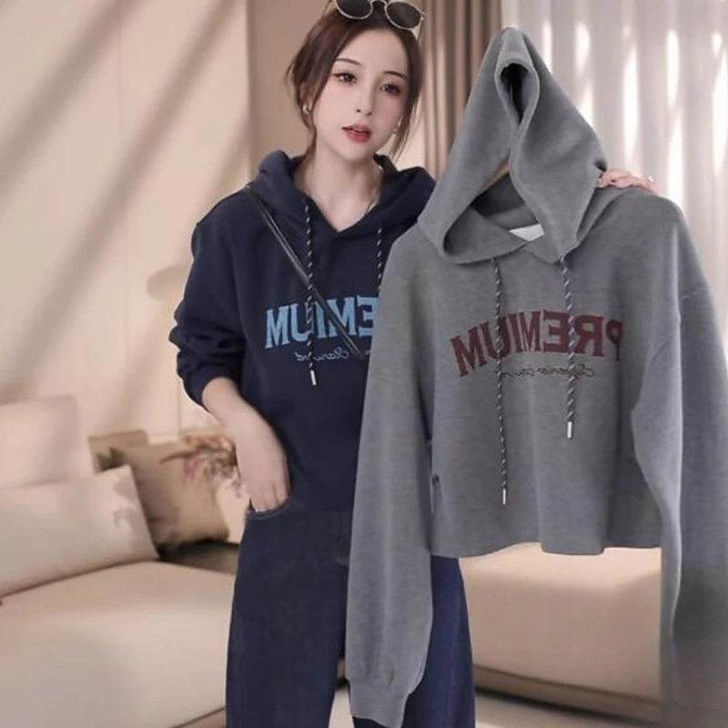 高含棉时尚设计感字母印花连帽卫衣女2025春秋季新款宽松显瘦上衣