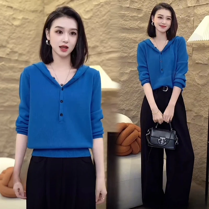 小个子时髦长袖针织衫女士2025春秋新款洋气韩版小香风连帽上衣