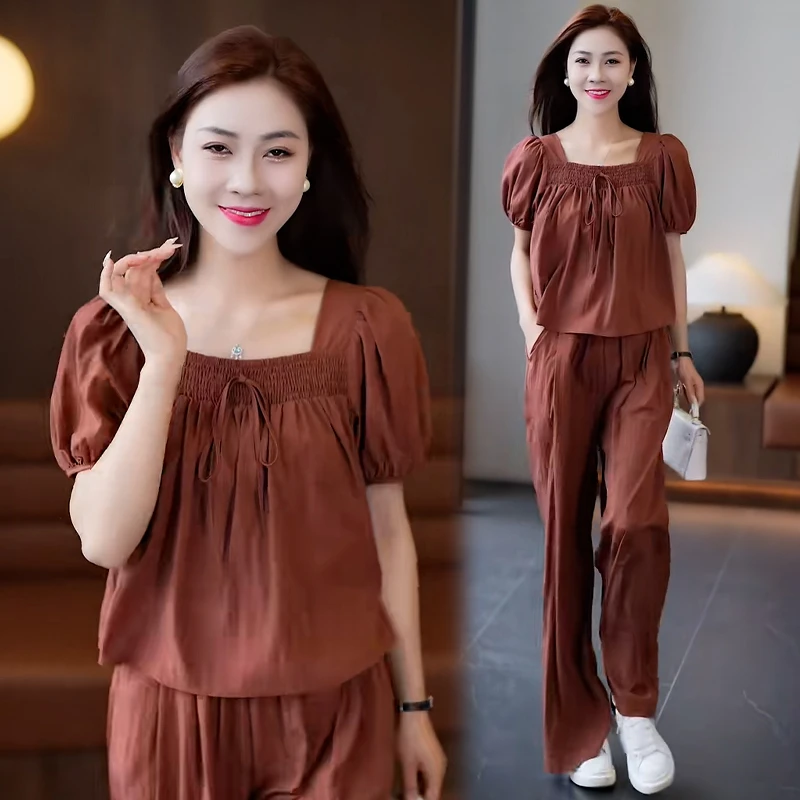 时尚休闲方领套装女2024年夏季新款宽松显瘦褶皱气质直筒裤两件套
