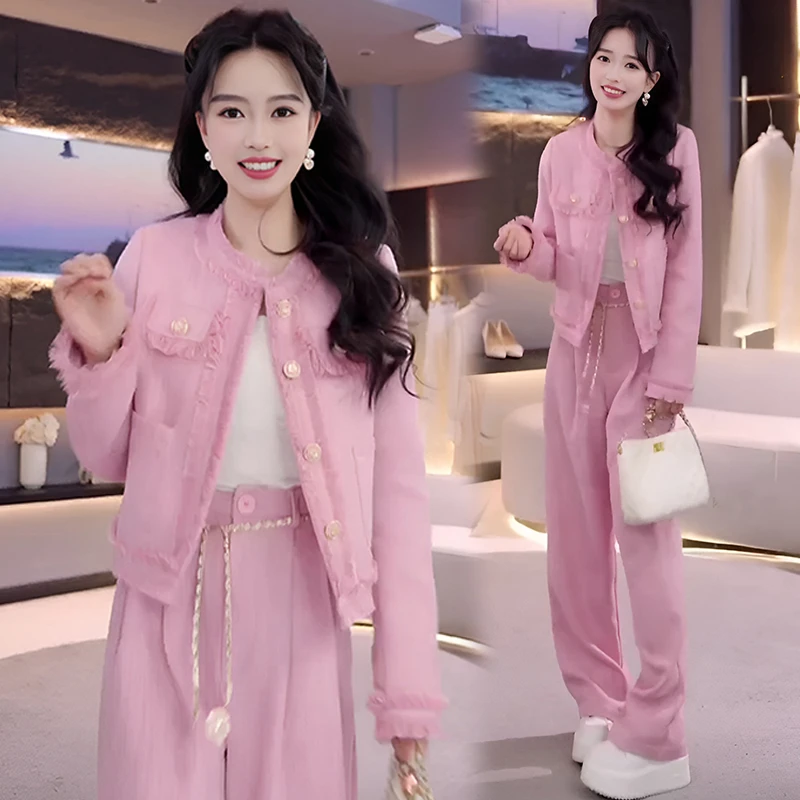 时尚休闲洋气套装女装2025春秋季新款名媛小个子高腰阔腿裤两件套