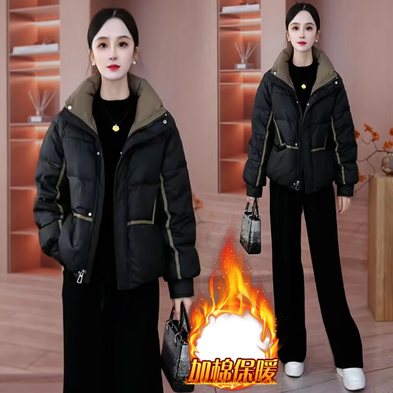 加棉加厚休闲百搭棉服女2025年冬季新款胖mm大码显瘦撞色外套