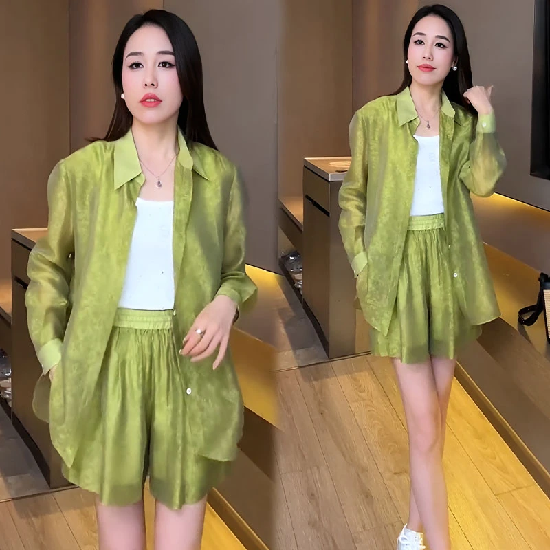 时尚休闲防晒套装女装2024年夏季新款简约气质衬衣阔腿短裤两件套