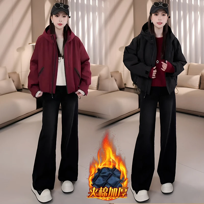 2024秋冬季新款韩版宽松洋气加厚抽绳短外套女小个子连帽冲锋衣潮