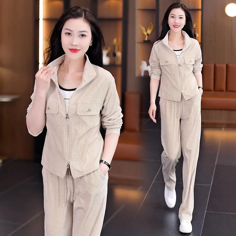 时尚运动服套装女2025年春秋季新款洋气休闲立领开衫阔腿裤两件套