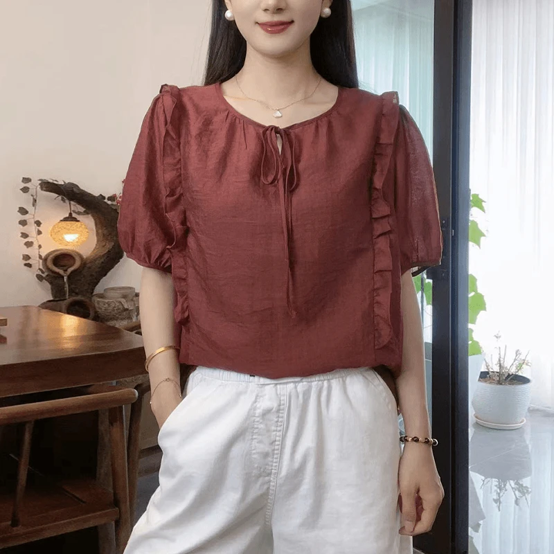 法式短袖衬衫女2024年夏季新款休闲洋气别致漂亮小衫系带半袖衬衣