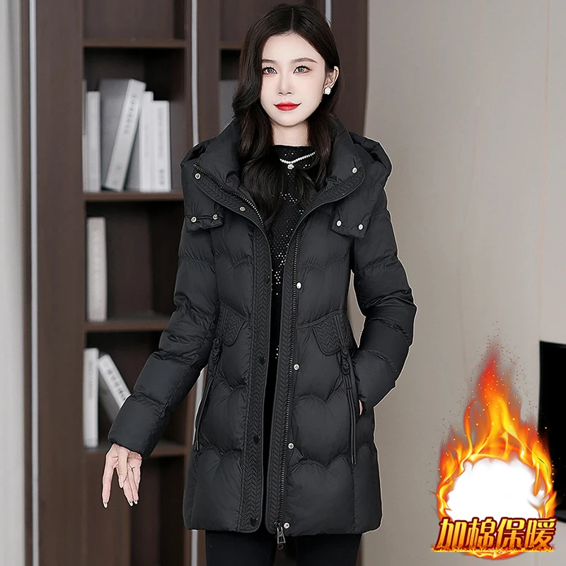 高级感连帽棉服女2025年冬季新款中长款休闲保暖加厚棉衣外套