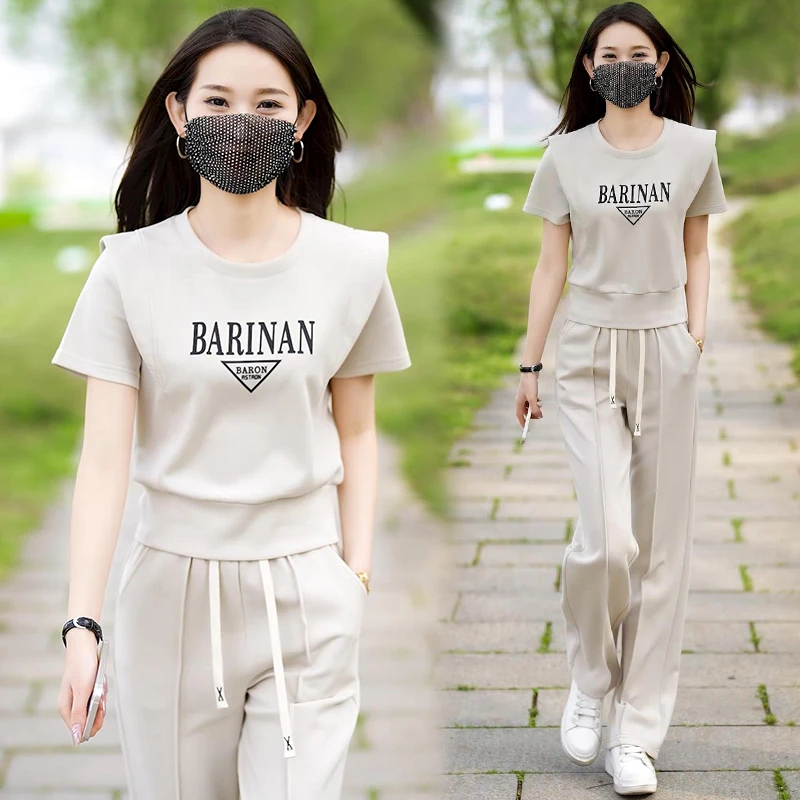 高含棉时尚运动服套装女2024年夏季新款显瘦圆领卫衣阔腿裤两件套