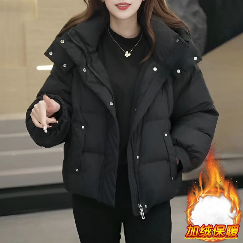 美拉德连帽棉服短款女2025年冬季新款休闲时尚小个子保暖棉衣外套