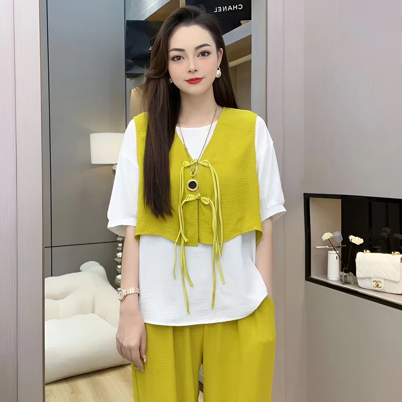 时尚休闲运动服套装女宽松休闲2024春夏新款胖妹妹显瘦马甲三件套