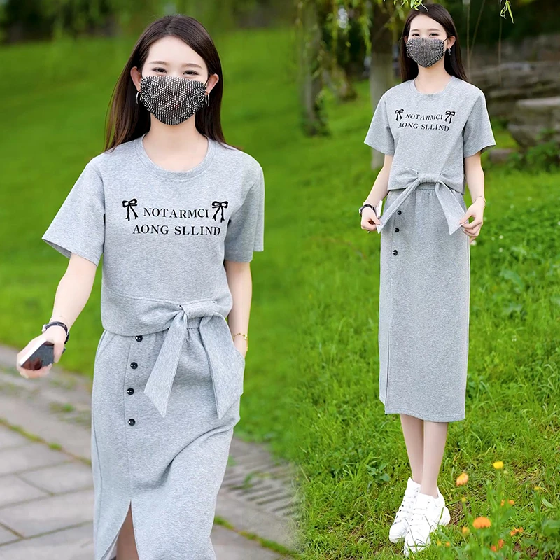 高含棉休闲运动套装女2024年夏季新款正肩上衣不规则半身裙两件套