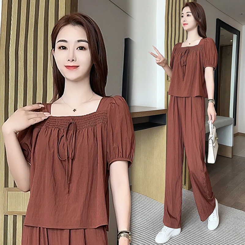 时尚气质方领套装女2024年夏季新款宽松减龄褶皱休闲直筒裤两件套