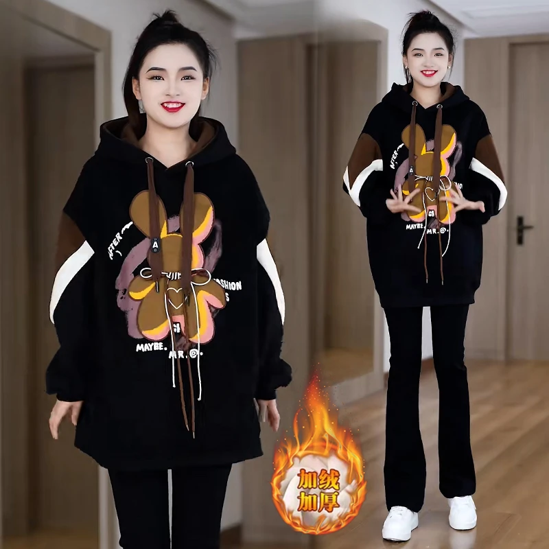 加厚连帽设计感卫衣女2025年新款冬季时尚卡通图案小个子连帽上衣