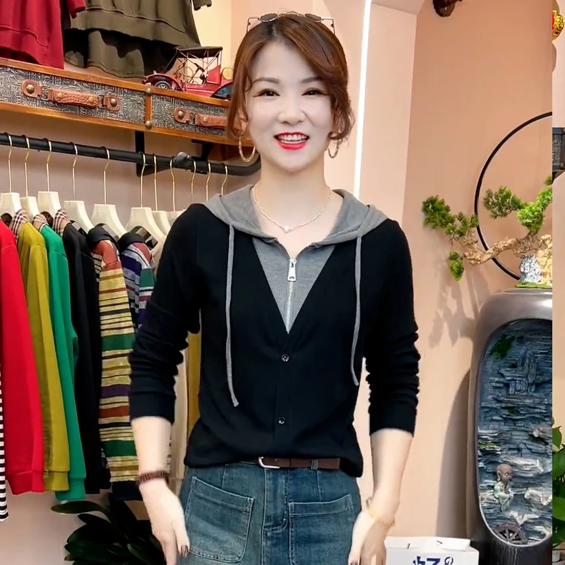 时尚假两件连帽长袖t恤女2025年春秋季新款休闲减龄洋气百搭上衣