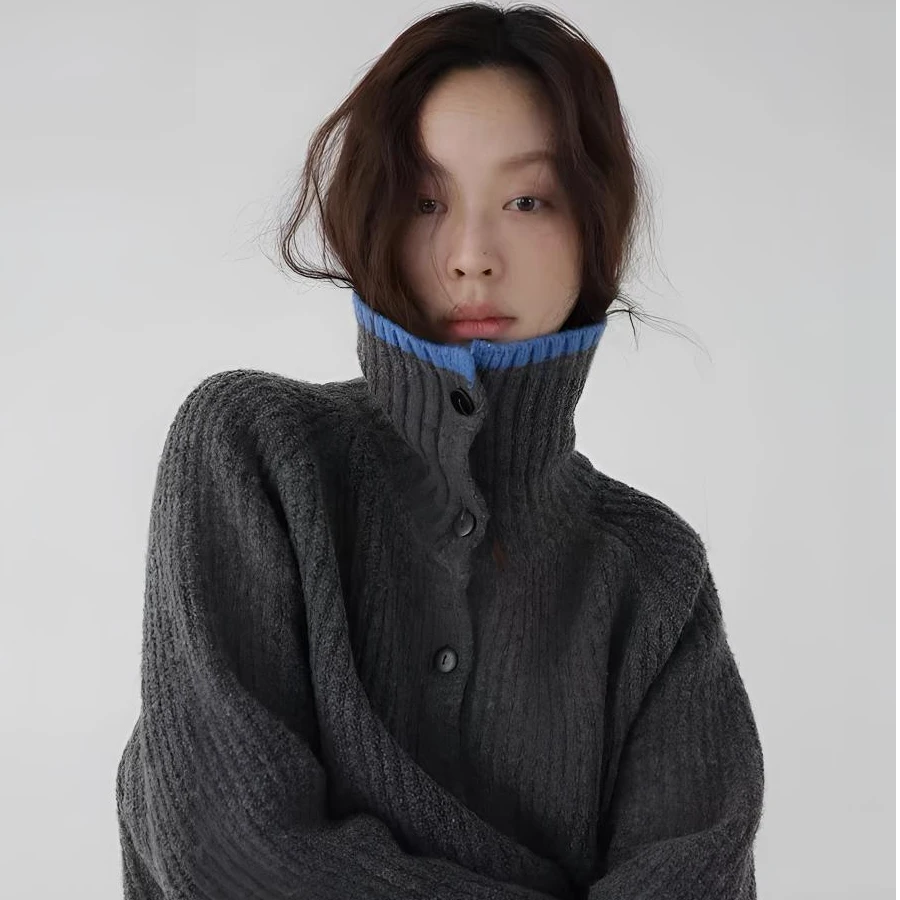 N24秋冬新款慵懒风半高领撞色时尚百搭宽松显瘦毛衣针织衫【6168】