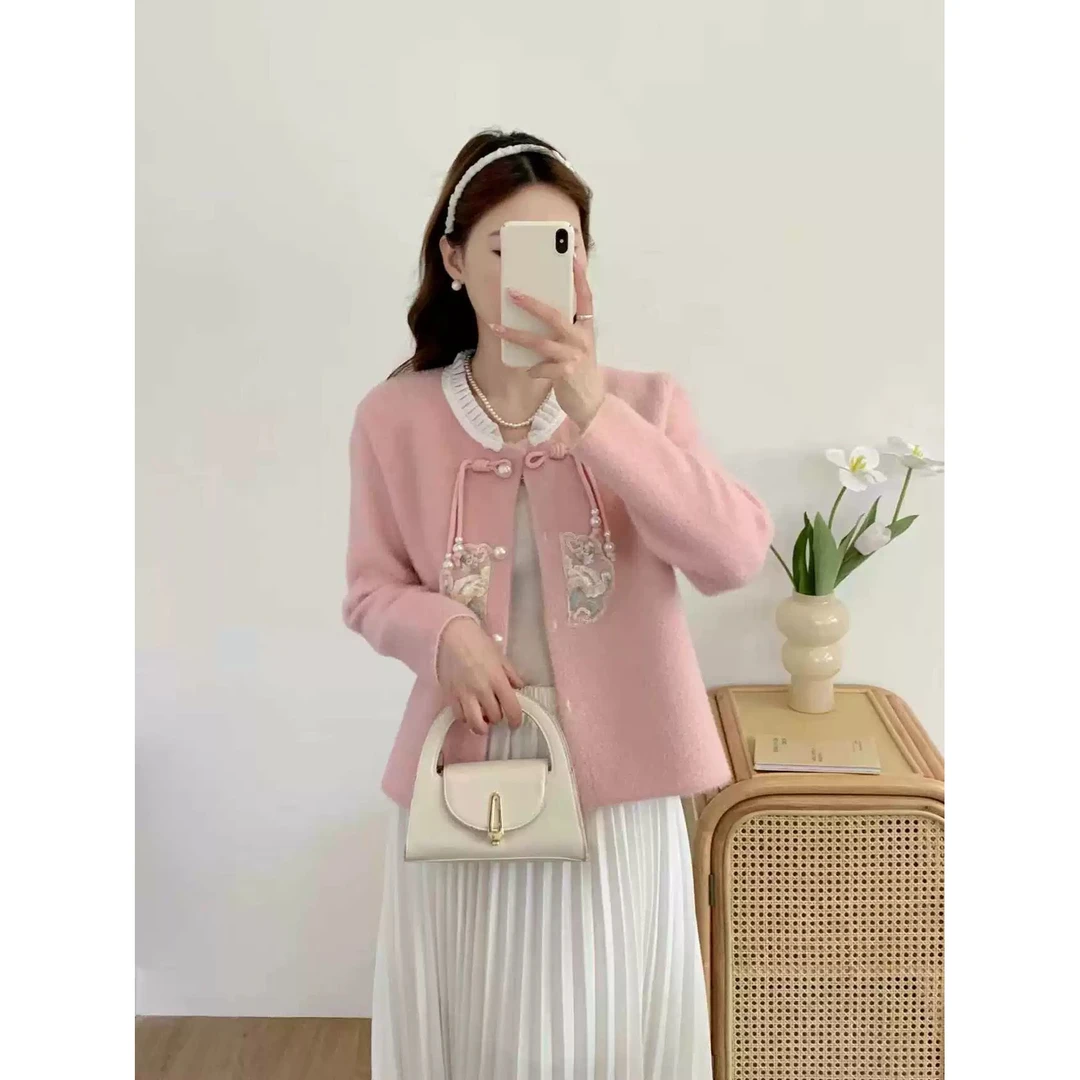 新中式国风仿水貂绒外套女2024秋冬新款慵懒风宽松洋气开衫短款厚