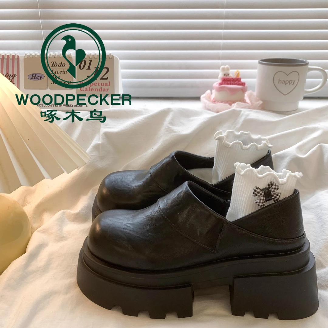 啄木鸟黑色两穿乐福小皮鞋女2024秋季英伦风复古厚底增高包头拖鞋