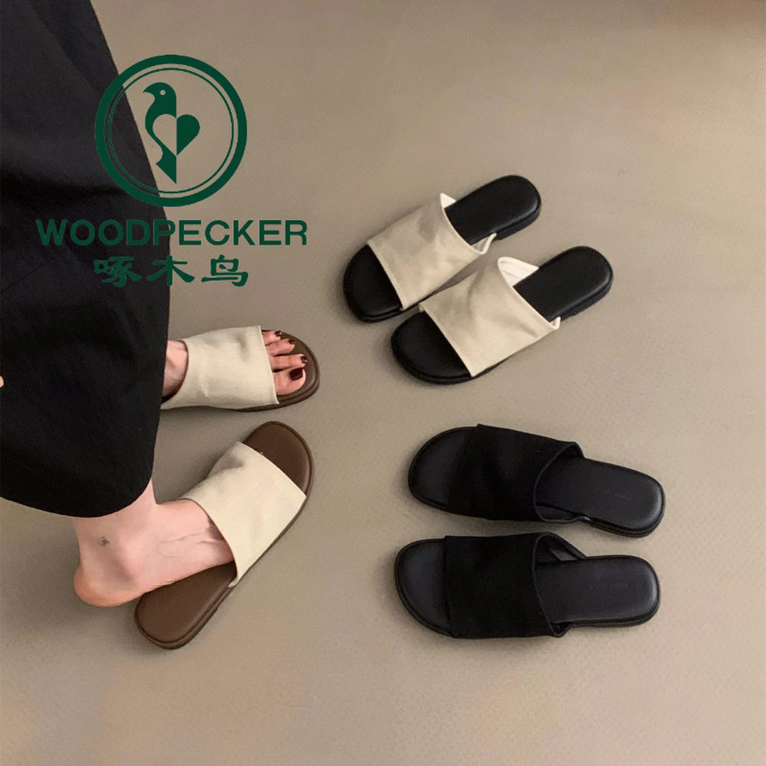 啄木鸟平底复古法式凉拖鞋女外穿2024新款夏季软底度假风沙滩凉鞋