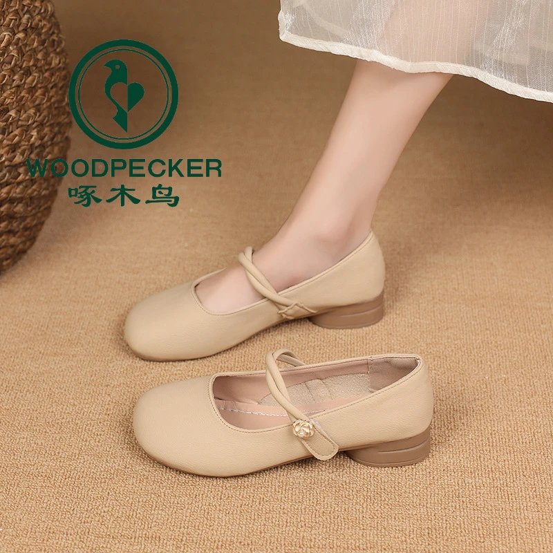 啄木鸟法式百搭单鞋2024夏季新款爆款软底软面配裙子玛丽珍小皮鞋