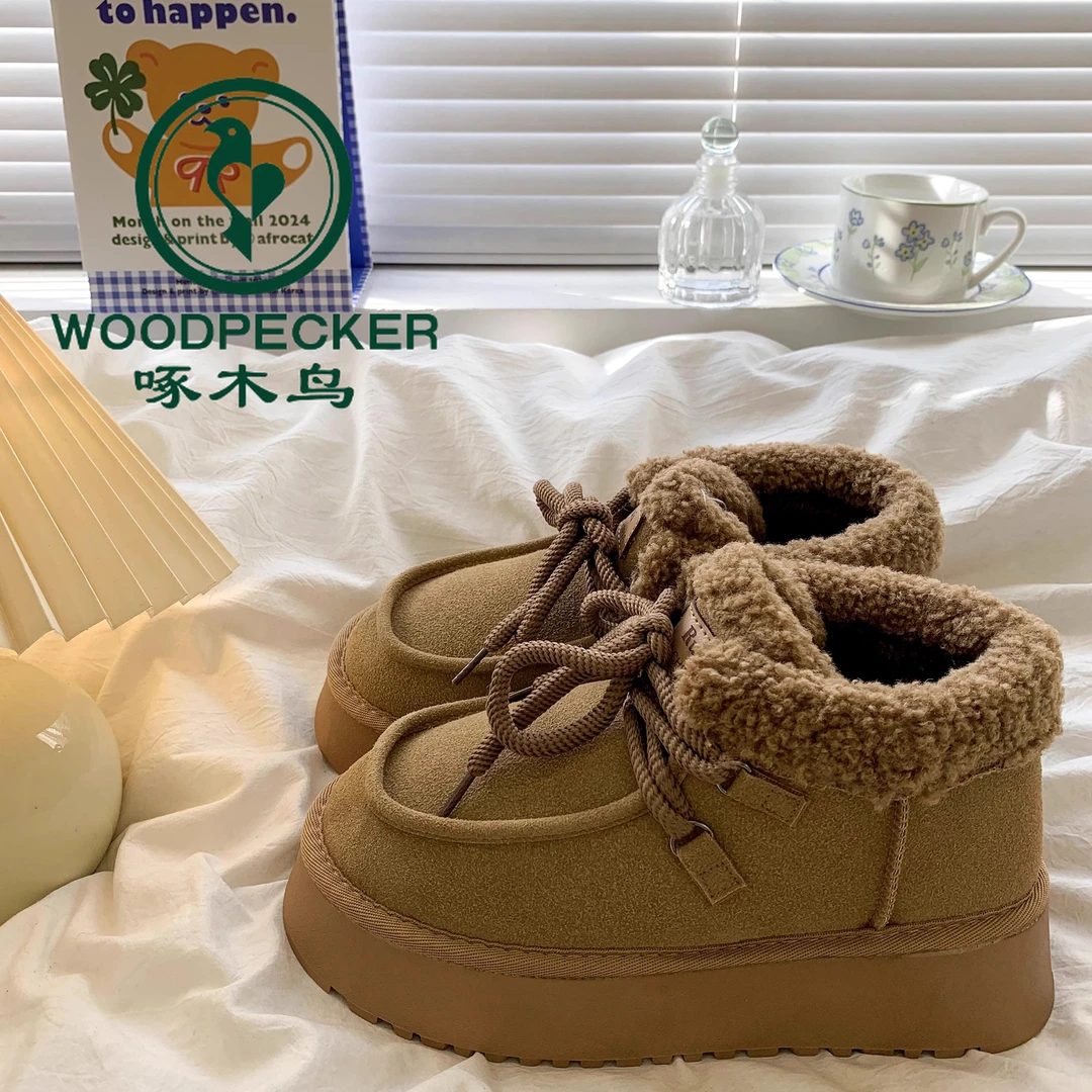 啄木鸟加绒加厚增高雪地靴女2024冬季新款皮毛一体保暖东北大棉鞋
