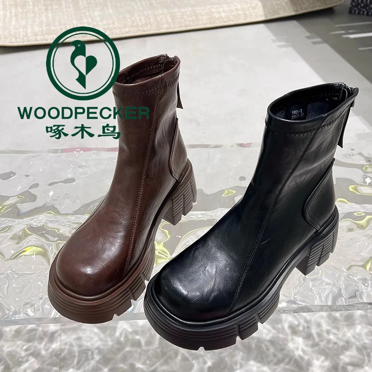 啄木鸟厚底增高马丁靴女款秋季新款气质切尔西靴显瘦复古粗跟短靴