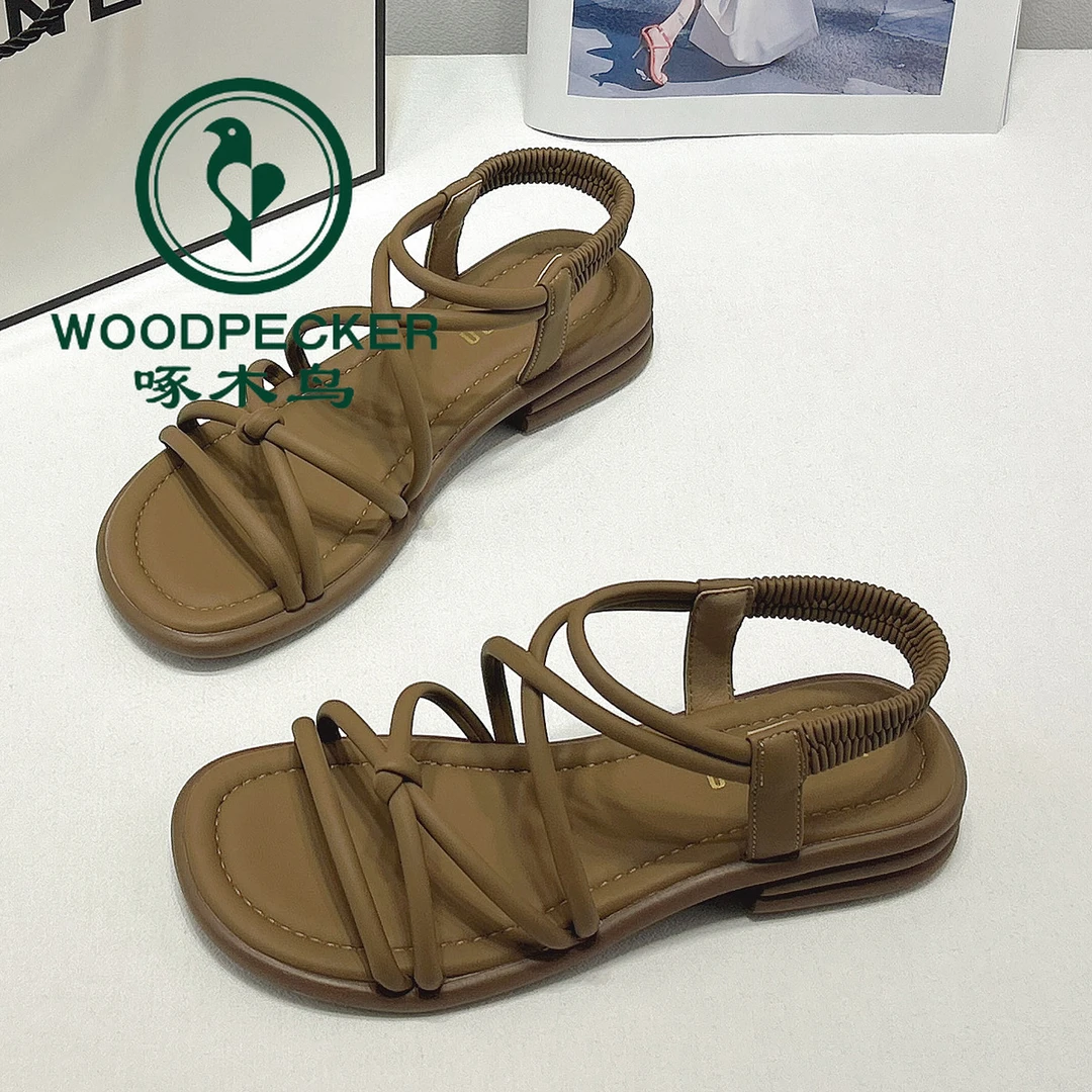 啄木鸟罗马凉鞋女2024夏季新款百搭妈妈鞋外穿仙女风一字带平底鞋