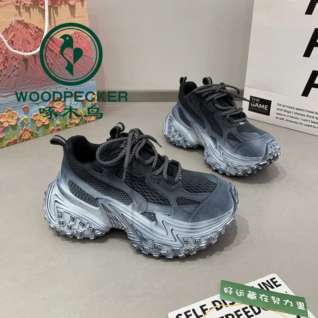 啄木鸟做旧女鞋2024年秋季新款网面老爹鞋网红厚底运动增高休闲鞋