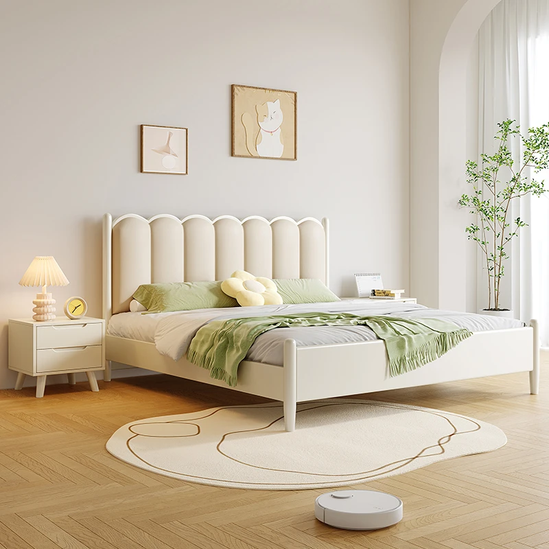 泉野北欧现代简约白色实木床软包双人床复古1.5米1.8米奶油波浪床