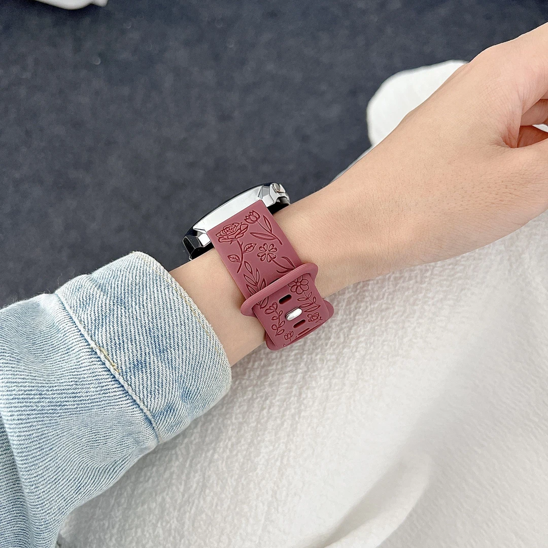 新款玫瑰浮雕硅胶GT5表带适用华为watch4/3pro三星荣耀小米男女