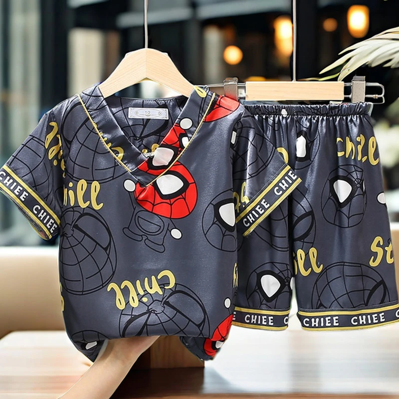 儿童睡衣男童夏季薄款冰丝短袖夏天卡通蜘蛛侠男孩空调家居服套装