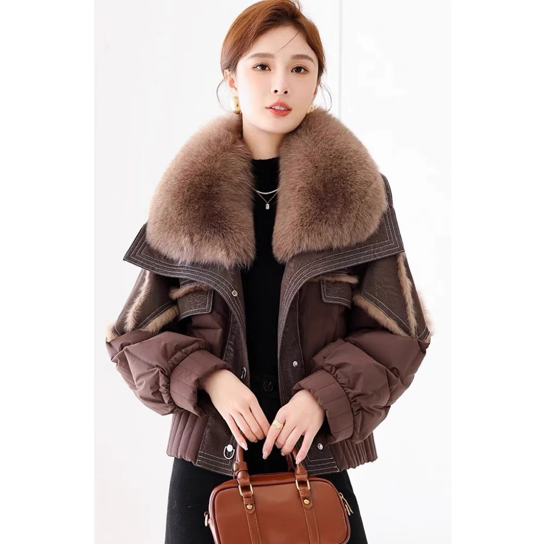 （升级版）24新款鹅绒服真毛狐狸毛可拆卸毛领兔皮毛一体短款外套女