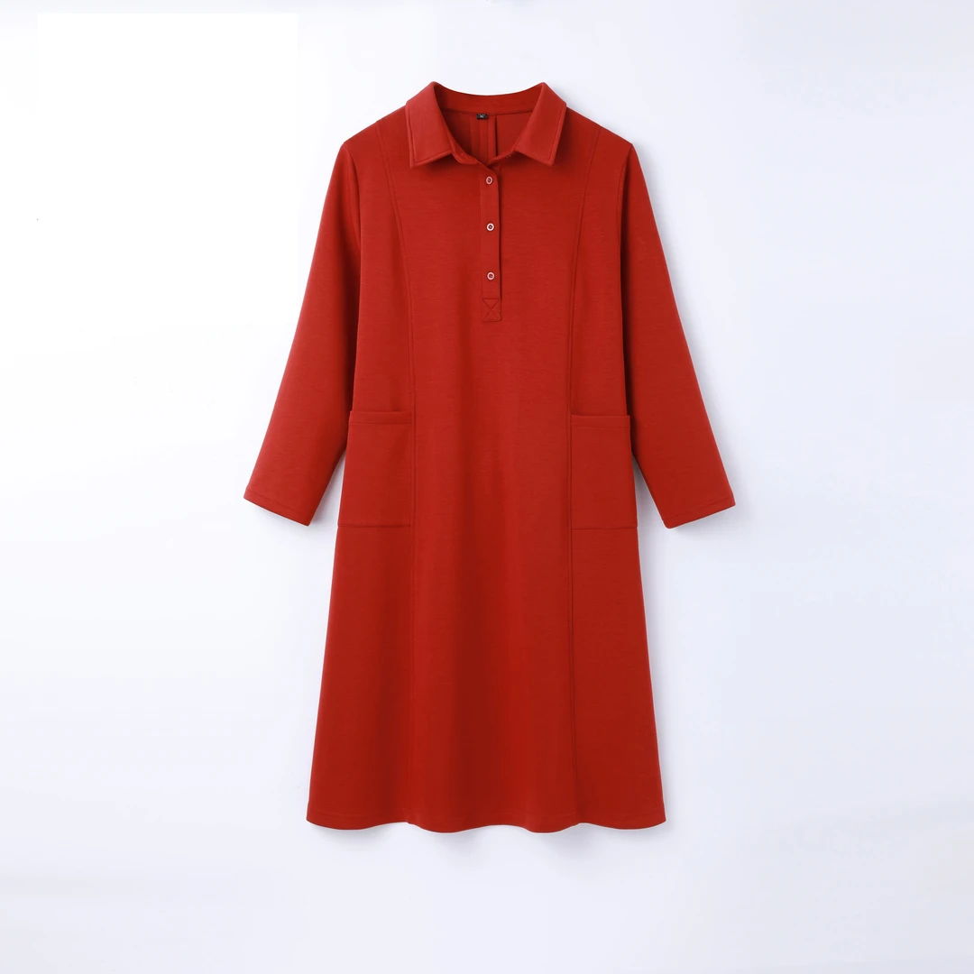 秋季新款文艺风复古欧版大口袋简约减龄宽松休闲遮肚中长款连衣裙