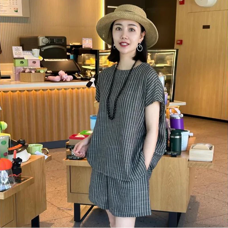 夏季新款文艺条纹气质舒适套装休闲百搭韩版减龄宽松女士两件套