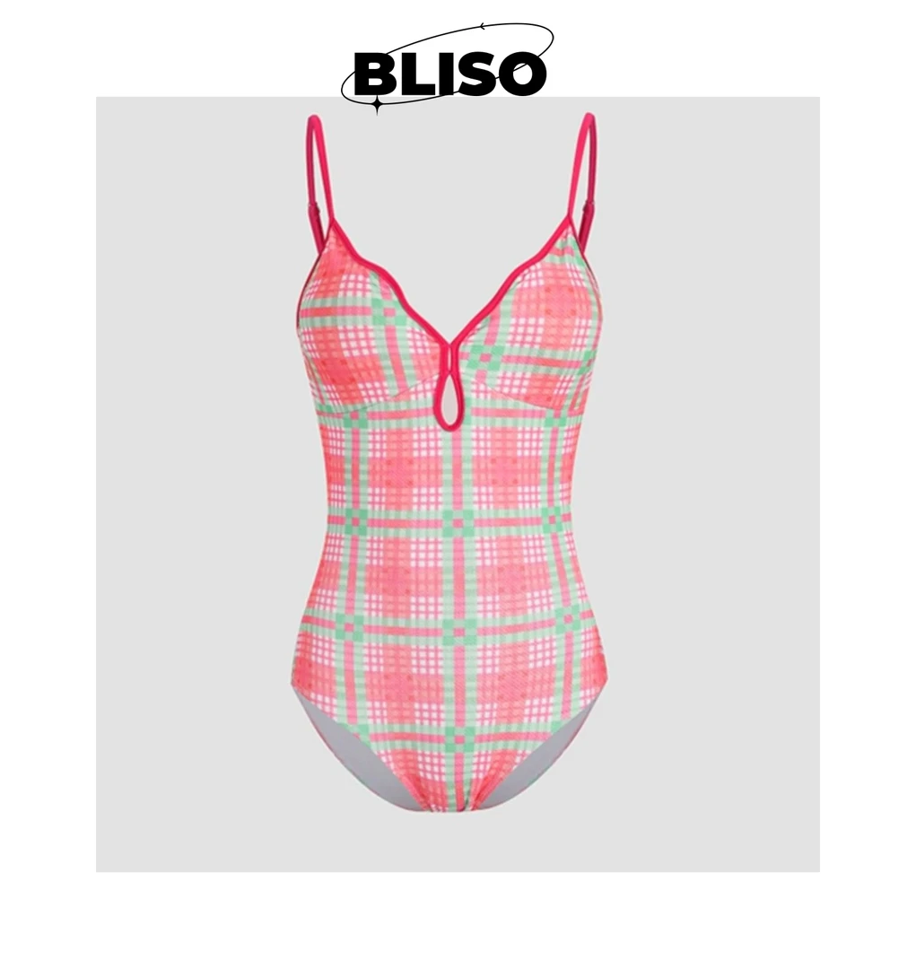 INS小众连体复古粉色格子纯欲性感漏背绑带显瘦度假明星同款泳衣