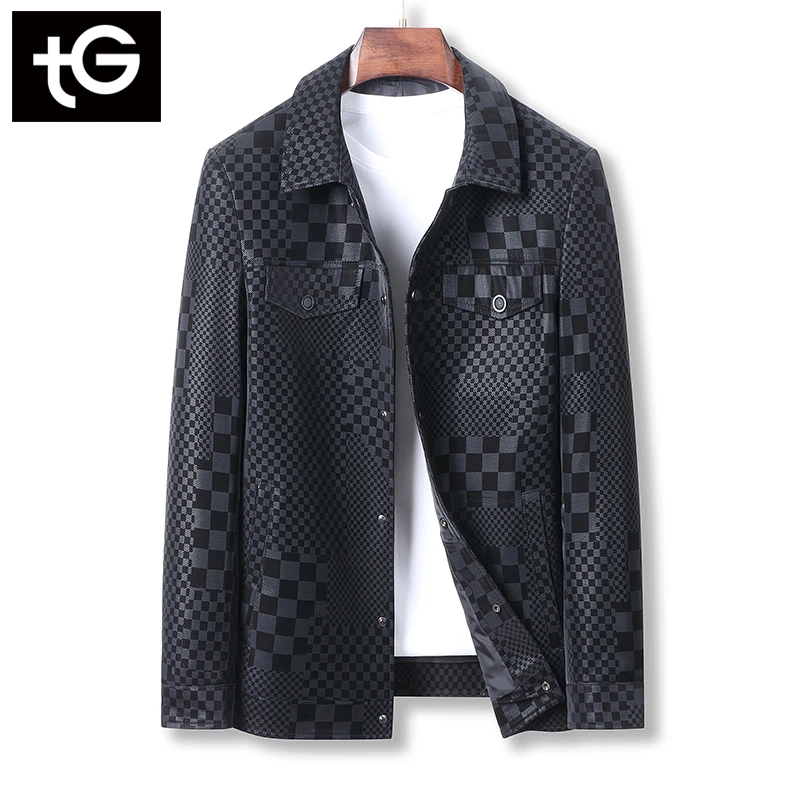 海宁新款时尚印花真皮皮衣翻领春秋男士皮衣衬衫款外套 15901