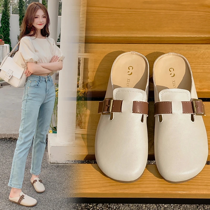 小码女鞋313233包头拖鞋平底懒人鞋小个子34码外穿半托皮鞋博肯鞋