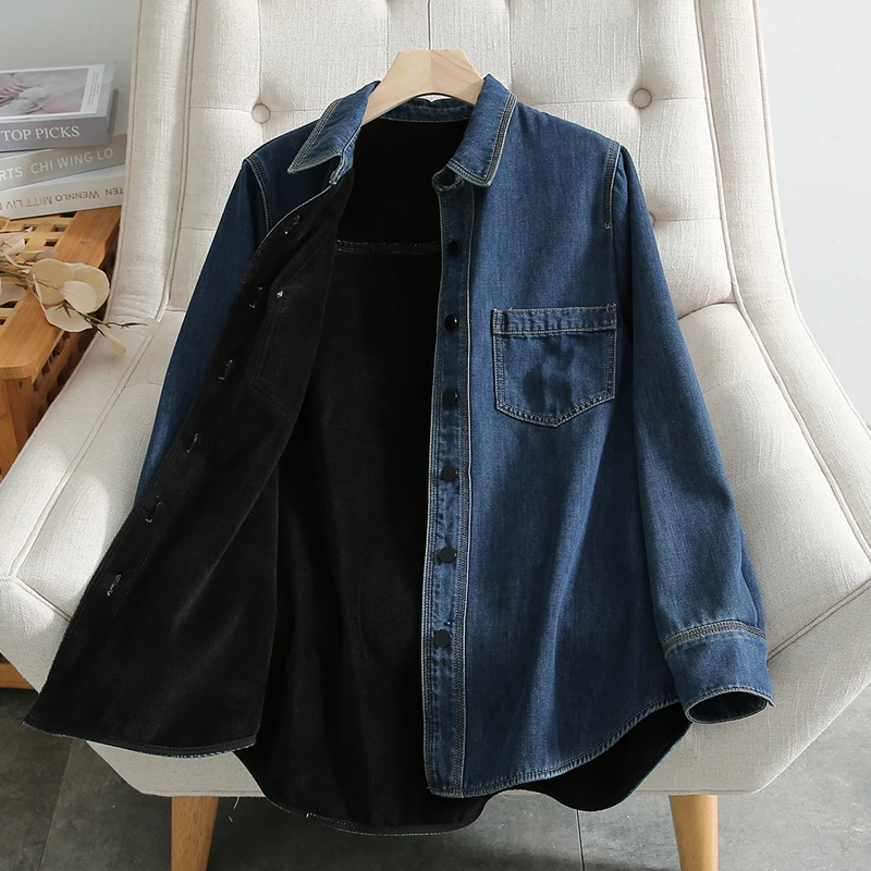 保暖单穿加绒牛仔衬衣长袖秋冬复古宽松休闲欧美打底加厚衬衫上衣