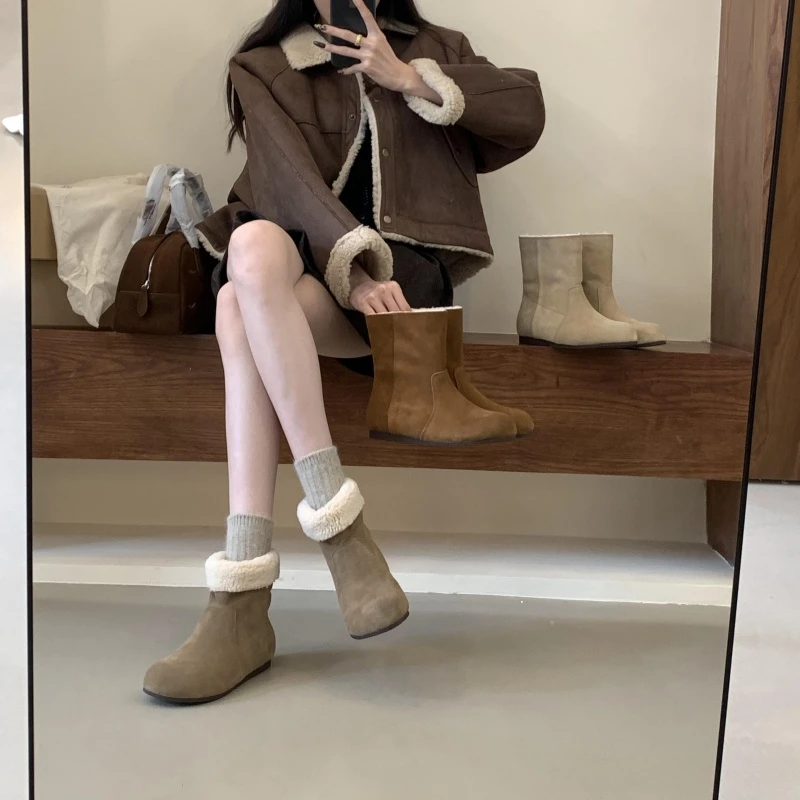 真皮内增高羊糕毛短靴女棉靴马丁靴切尔西靴