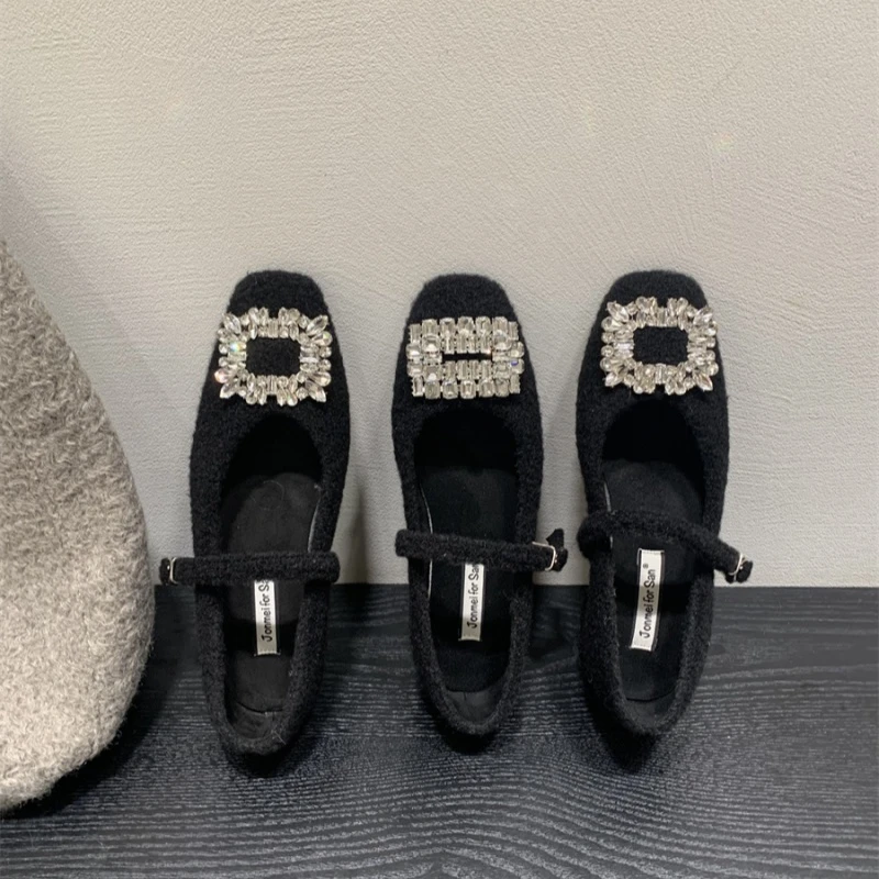 法式小香风水钻加绒毛绒单鞋女秋冬保暖毛毛鞋软底玛丽珍鞋