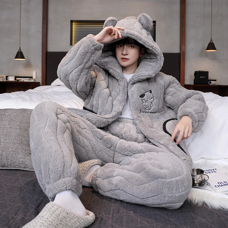 睡衣男款秋冬季男士珊瑚绒加厚加绒三层夹棉连帽法兰绒家居服套装