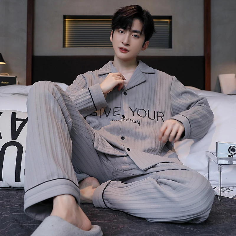 睡衣男秋冬季夹层长袖加棉加厚空气棉保暖简约休闲男士家居服套装
