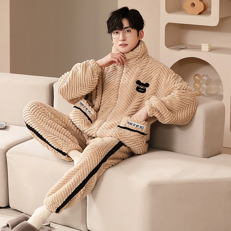 睡衣男士秋冬珊瑚绒2025年爆款加厚加绒高领拉链情侣家居服可外穿