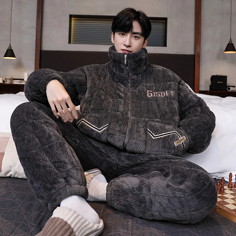 睡衣男款秋冬季珊瑚绒加厚加绒男士冬天保暖三层夹棉袄家居服套装