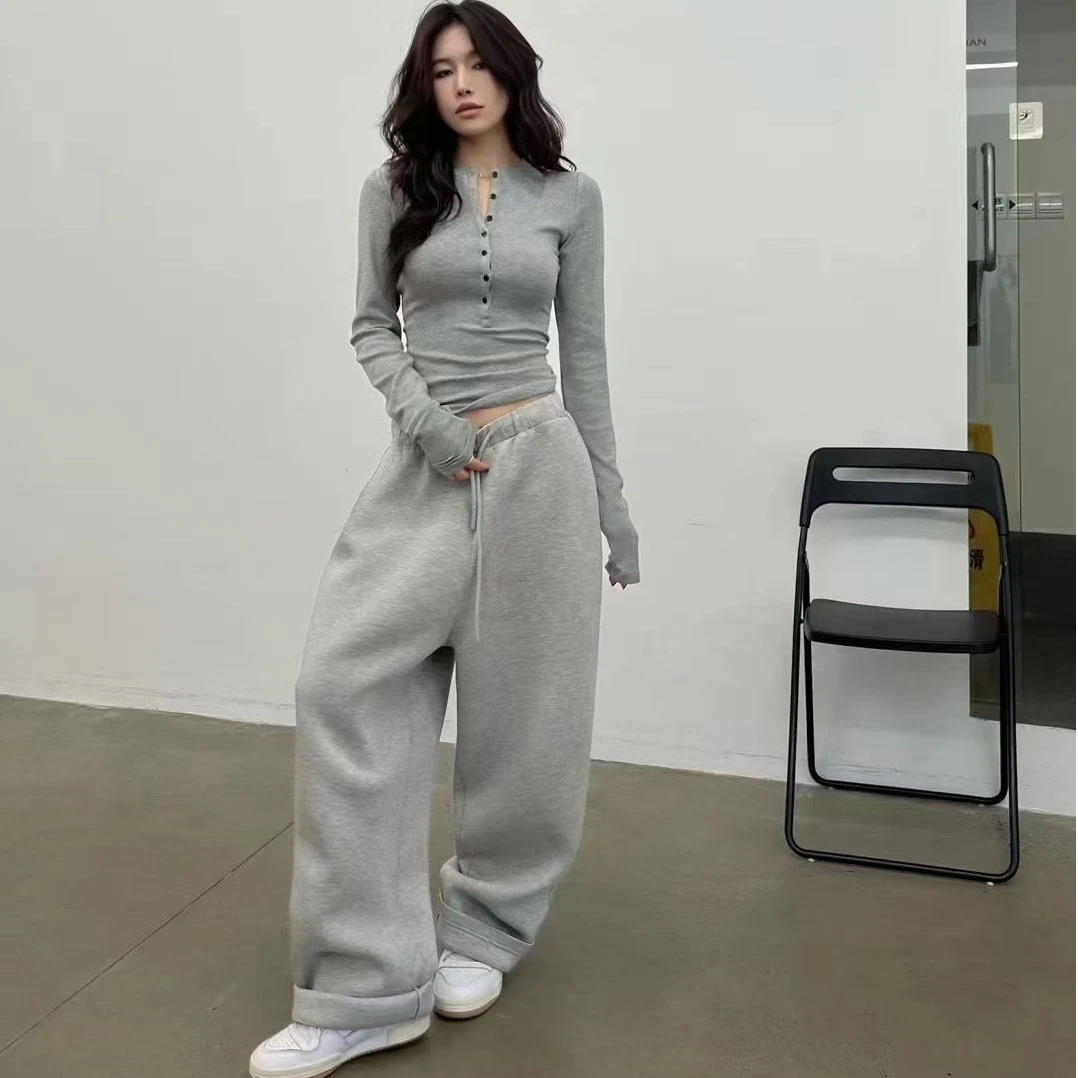 辣妹灰色长袖内搭打底衫女秋季2024新款修身显瘦正肩t恤短款上衣