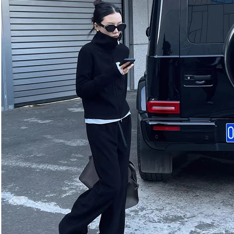 早秋休闲黑色运动卫衣chic港风套装女春季高级感小个子卫裤两件套