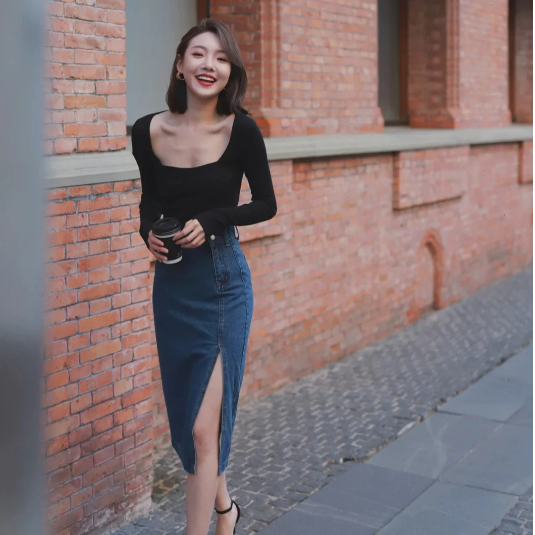 黑色方领长袖t恤女2025韩版修身显瘦辣妹气质内搭打底衫上衣ins潮