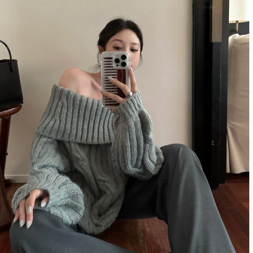 韩版一字肩2025春季新款时尚毛衣气质针织毛衣百搭慵懒套头网红