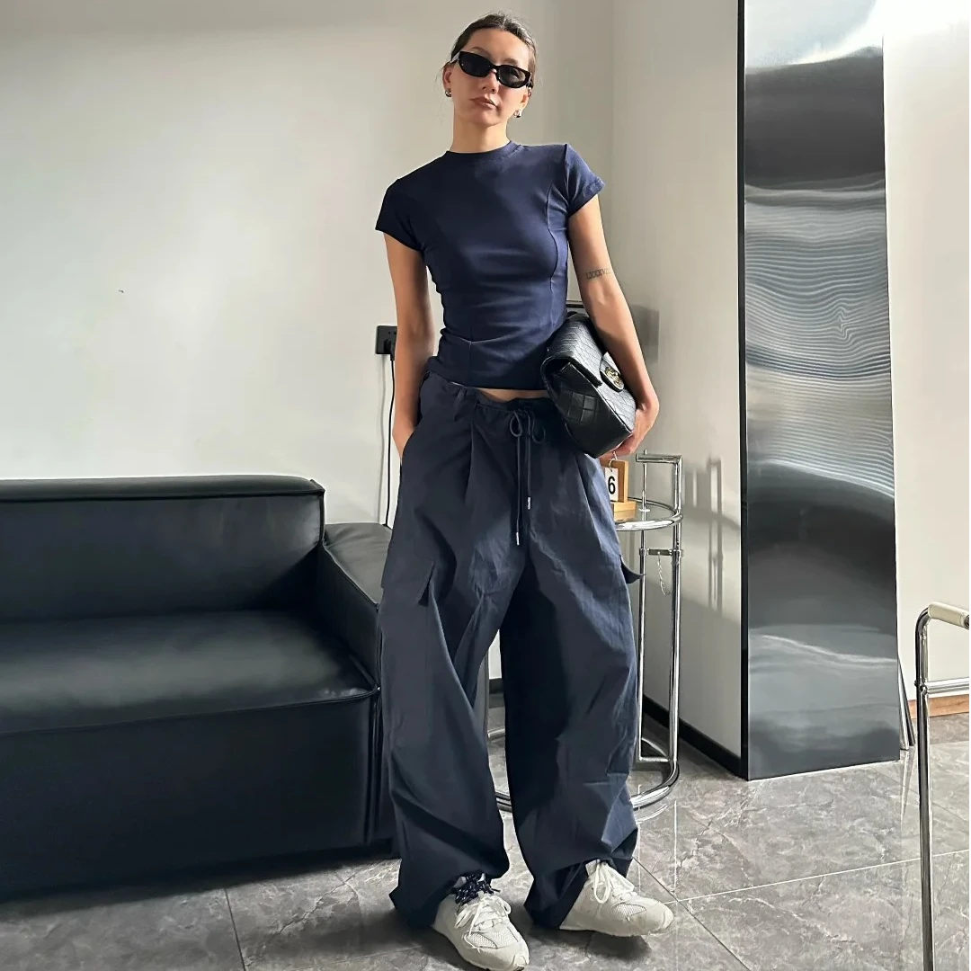 韩版设计感圆领正肩短袖t恤女2025夏季新款纯色紧身修身短款上衣