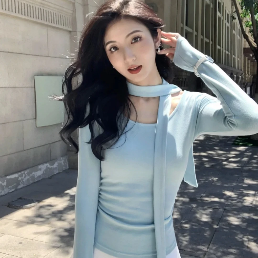 法式纯色褶皱方领打底衫女内搭秋季新款小众设计感修身绝辣妹上衣