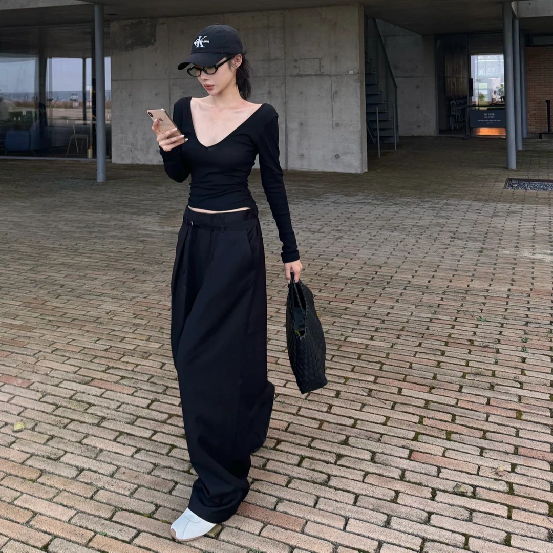 黑色V领长袖打底衫女早秋新款辣妹性感修身显瘦百搭短款T恤上衣潮