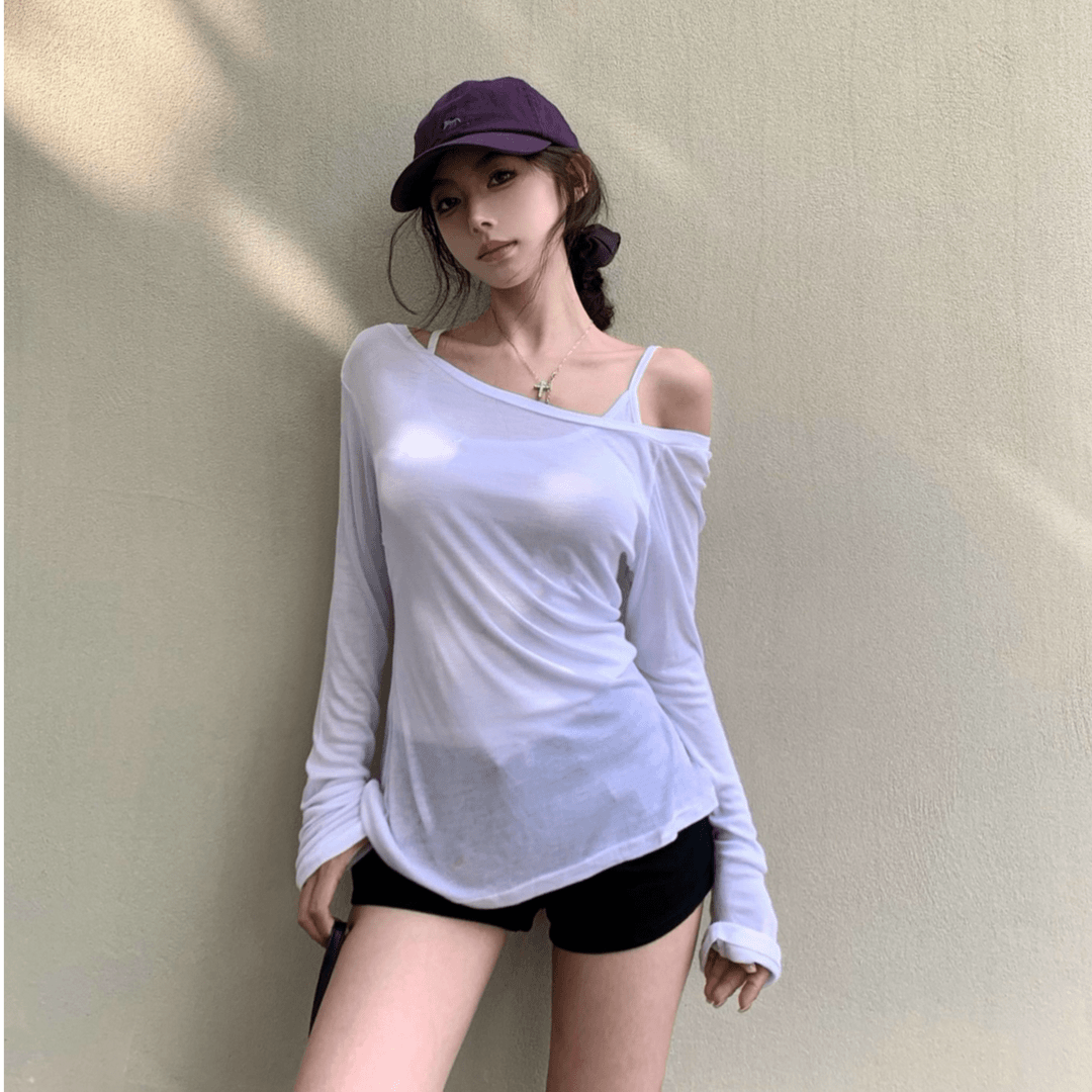 白色薄款防晒罩衫t恤女夏2024新款空调衫不规则斜肩长袖上衣ins潮